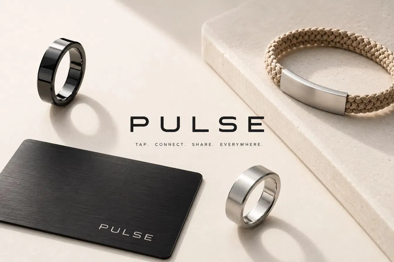 The Pulse collection — ring, bracelet, and card